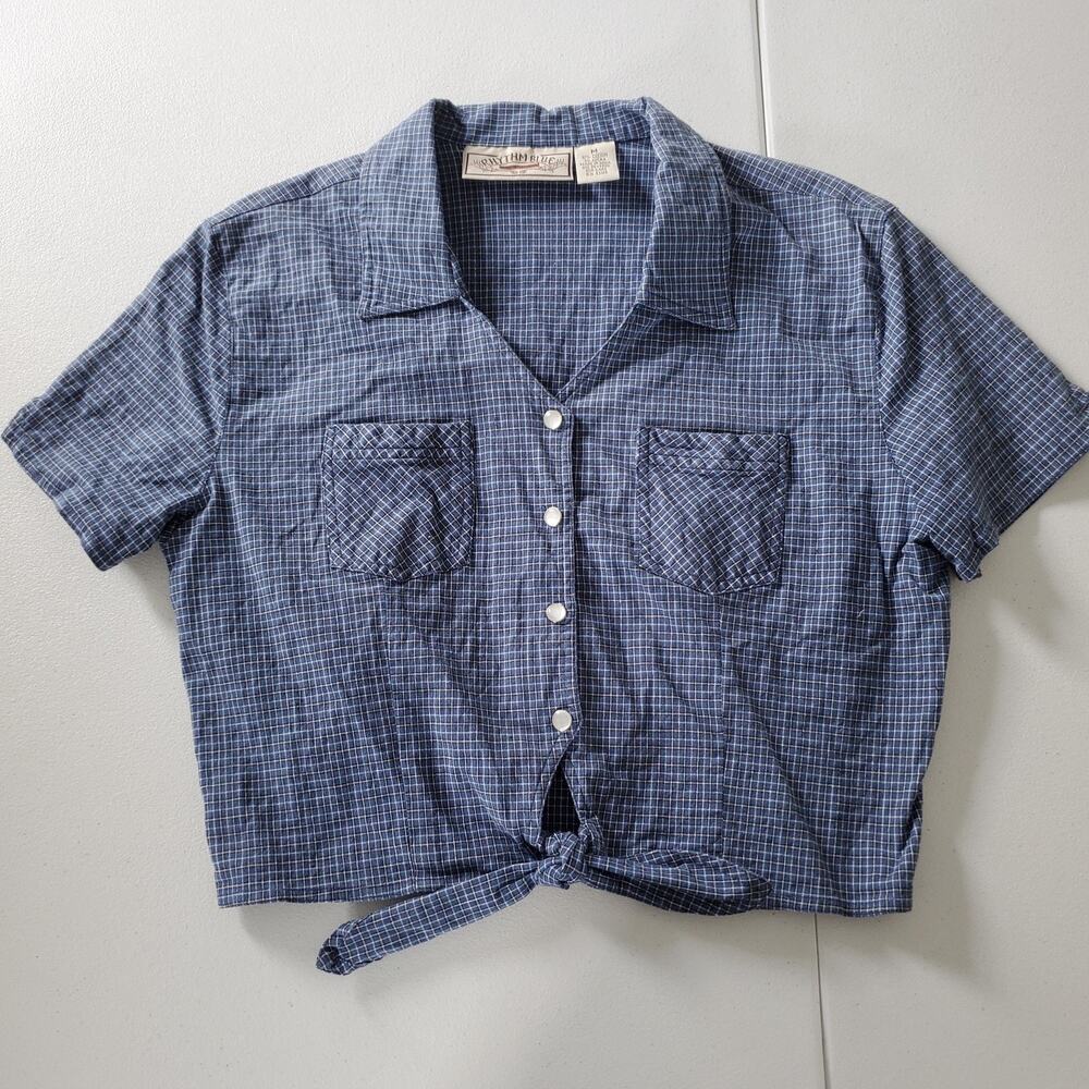 Vintage Western Pinup Shirt Womens Medium Blue Pearl Snap Crop Tie Short Sleeve